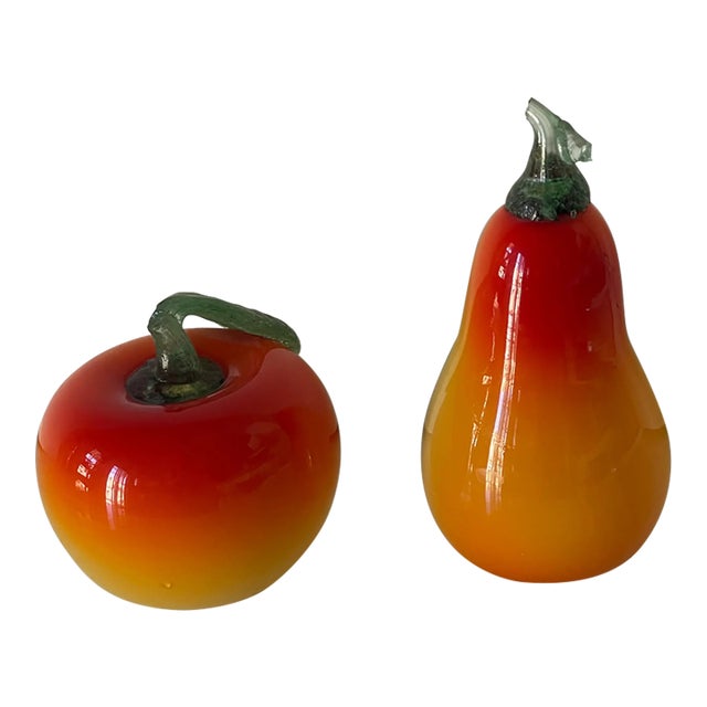 1960s American Glass Blown Fruits Apple and Pear Paperweights For Sale
