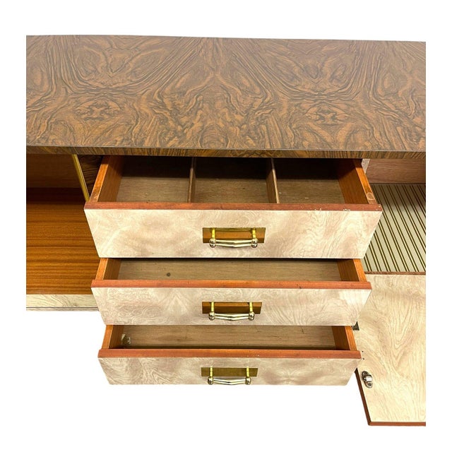 Brass Vintage Mid-Century Modern Formica Credenza / Sideboard - Uk Import, Brass-Tone Hardware, Storage Cabinet For Sale - Image 8 of 9