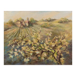 Vineyard Estate Winery Landscape With Grape Vines in Oil on Canvas-Wrapped Board by Jeane Kluga For Sale