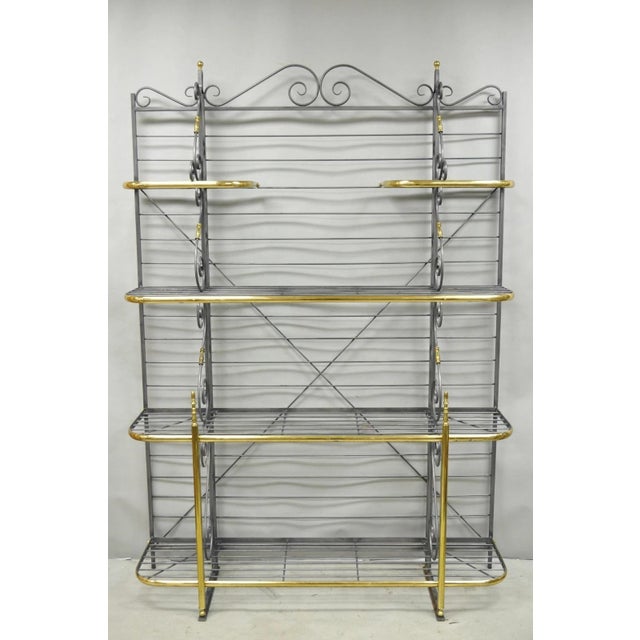 Vintage French Country Scrolling Wrought Iron & Brass Rail Bakers Rack. Circa Late 20th Century. Measurements: 86" H x 60"...