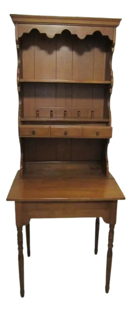 Vintage 1960s Lift Top Maple Wood Desk With Hutch Attached Turned Legs