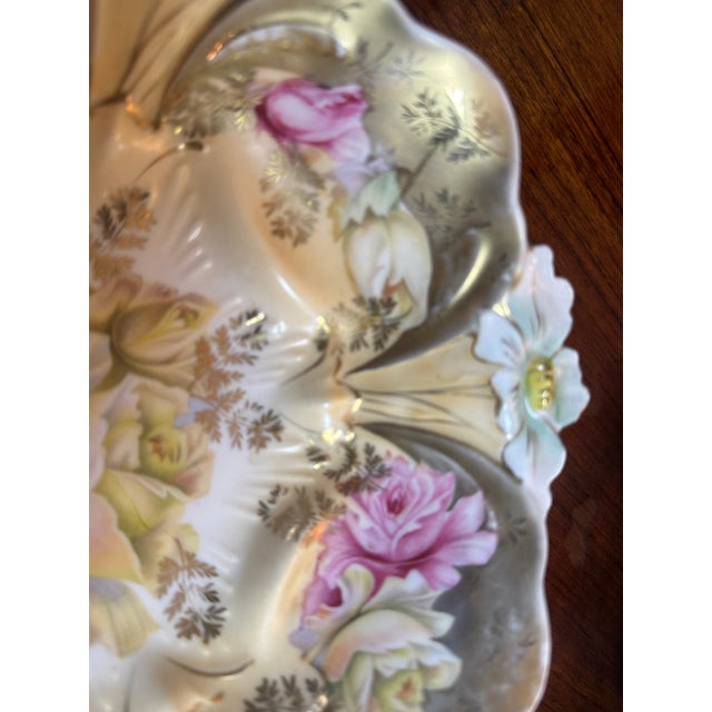 Antique Porcelain Molded Floral Bowl Heavy Gold Gilt Ornate C1910 Orchids Roses For Sale - Image 9 of 17