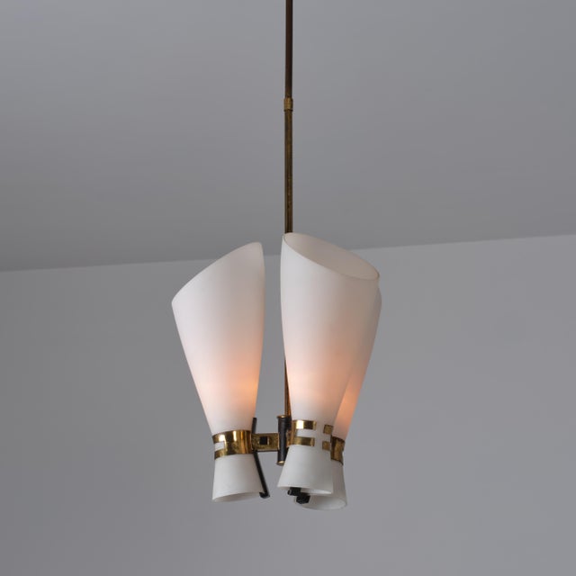Italian Brass, Black Metal and Opaline Glass 3-Light Pendant, 1950s For Sale - Image 6 of 9