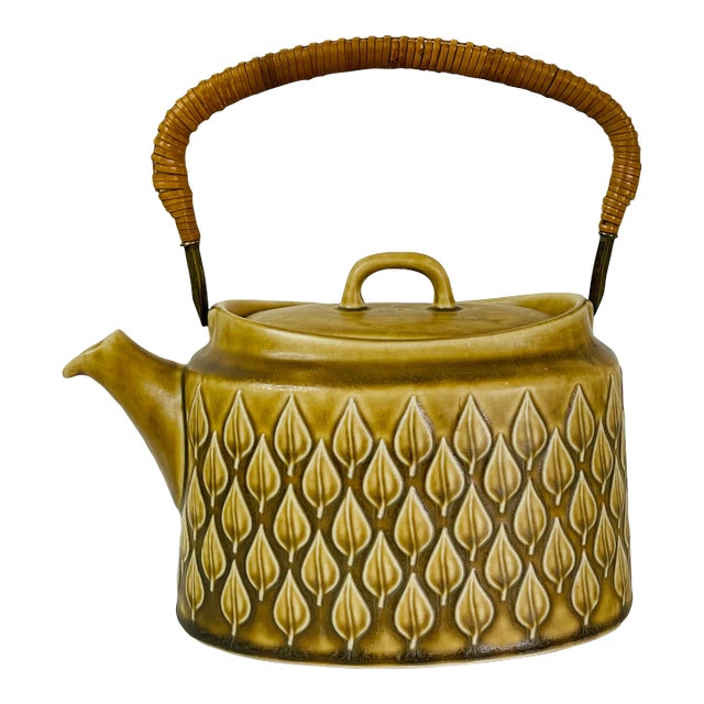 1960s Danish Modern Ceramic Relief by Jens Quistgaard Tea Pot with Cane Handle For Sale