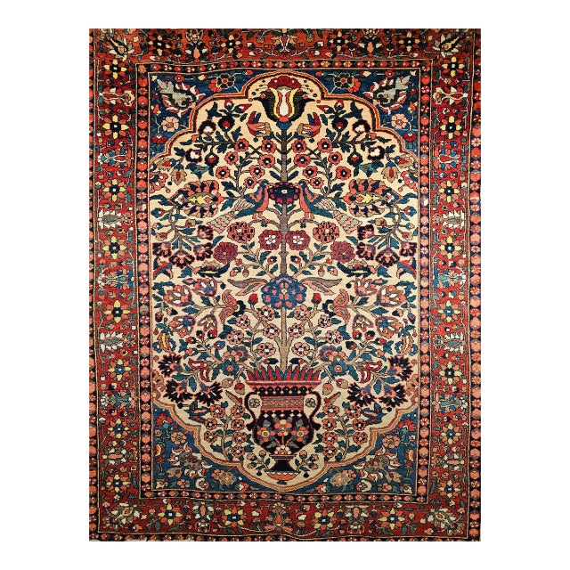 Antique Persian Bakhtiari Bibibaft Rug, Hand-Knotted Wool, The Tree of Life Pattern, Tan & Red, 5x7 For Sale
