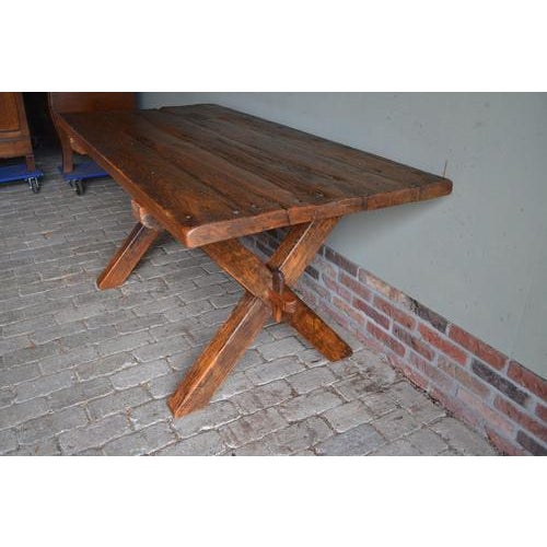 Antique Oak Cross-Legged Table For Sale - Image 3 of 8