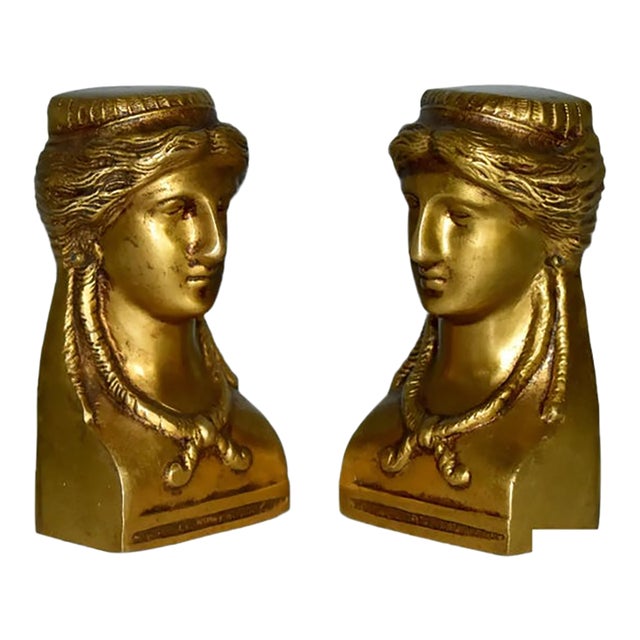 Antique Brass Ormolu Mounts French Empire Female Figure Caryatid Bust Pair For Sale