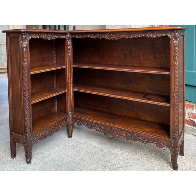 1920s Antique French Corner Bookcase Carved Oak Louis XV Revival Open Shelves C1920 For Sale - Image 5 of 18