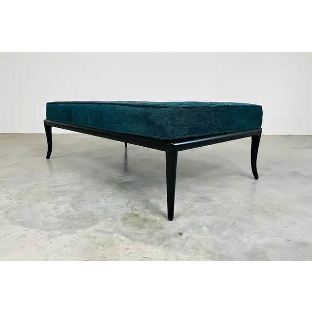 1960s t.h. Robsjohn-Gibbings Teal Blue Velvet Sabre Leg Bench by John Widdicomb For Sale - Image 5 of 10