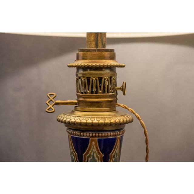 Electrified Kerosene Lamps in Glazed Earthenware with Gilt Bronze Mounts and Geometric Decor from Longwy, Late 19th Century, Set of 2 For Sale - Image 9 of 14
