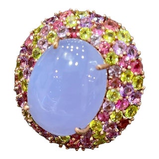 Bochic “Flamenco” Chalcedony Fancy Multi Color Gems 18k Gold & Silver Large Cocktail Ring Size 5 For Sale