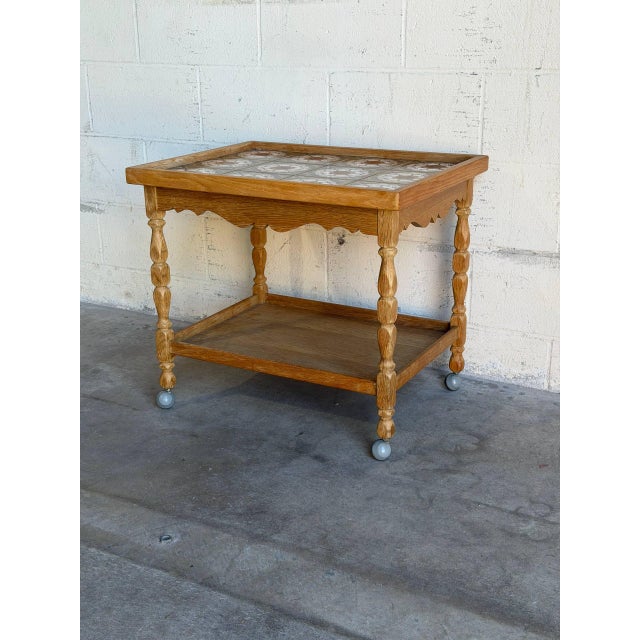 1970s Oak Tile Top Rolling Bar Cart Serving Tea Table in Style of Henning Kjaernulf Denmark Mid-Century 1970s For Sale - Image 5 of 10