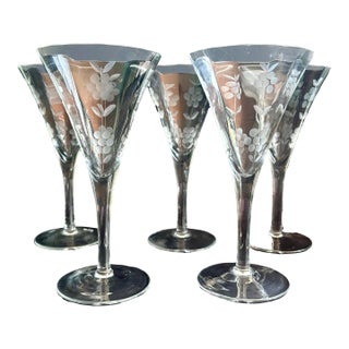 1950s Mid-Century Modern Etched Optic Goblets – Set of 5 | Trumpet Bowl Crystal Stemware 7.5" | Floral Ribbed Vintage Glasses For Sale