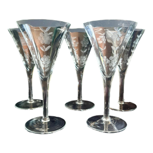 1950s Mid-Century Modern Etched Optic Goblets – Set of 5 | Trumpet Bowl Crystal Stemware 7.5" | Floral Ribbed Vintage Glasses