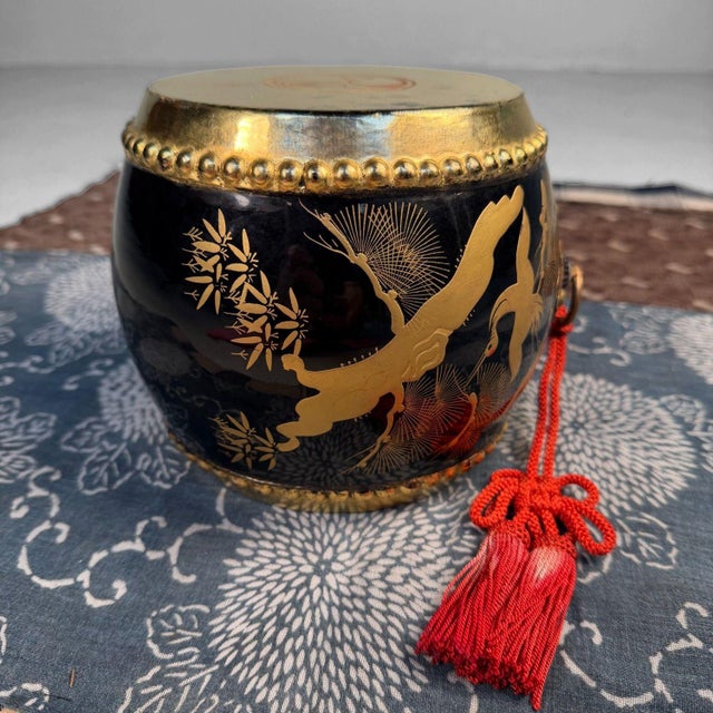 Black Japanese Decorative Taiko Drum with Gold Crane Motif, 1960s For Sale - Image 8 of 10
