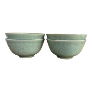 Vintage Chinese Celadon Rice Bowls With Lotus and Carp Motif - Set of 4 For Sale