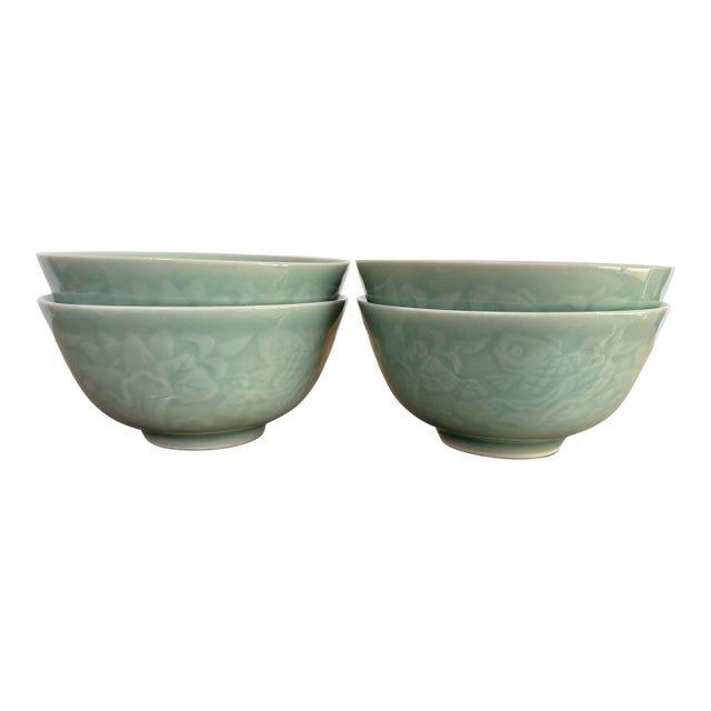 Vintage Chinese Celadon Rice Bowls With Lotus and Carp Motif - Set of 4 For Sale