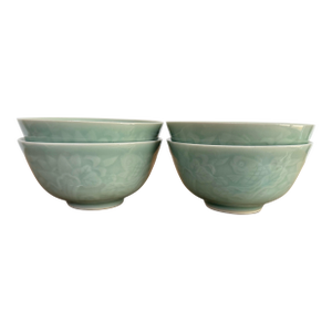 Vintage Chinese Celadon Rice Bowls With Lotus and Carp Motif - Set of 4