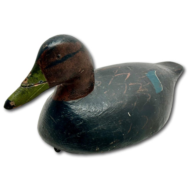 Excellent Large Size Antique American Hand Carved & Oil Painted Wood Duck Hunters Working Decoy 18 Inches Long For Sale - Image 10 of 18