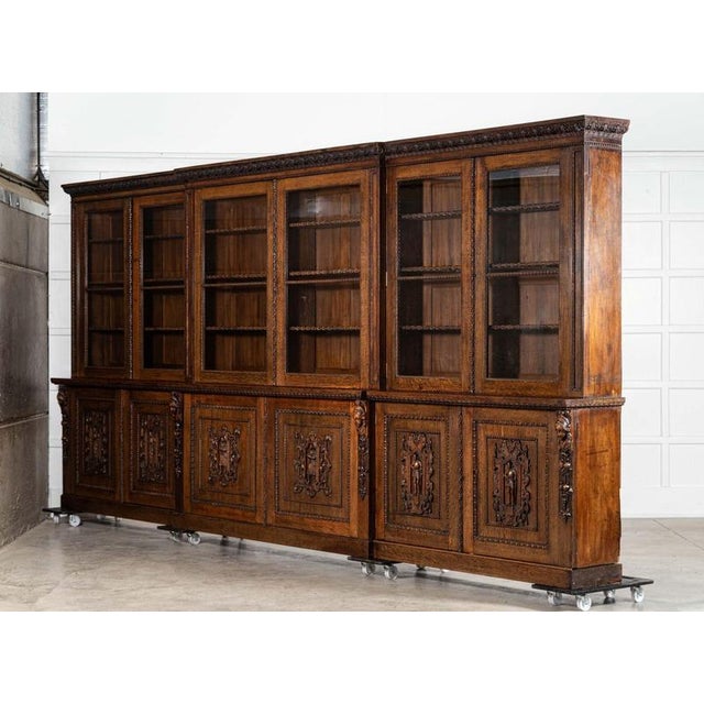 Late 19th Century English Carved Oak Breakfront Glazed Bookcase, 1870s For Sale - Image 5 of 18