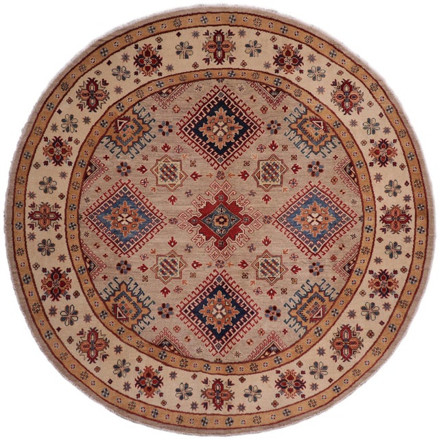 Beige Rustic Kazak Light Blue/Beige Wool Round Rug- 8'0''x8'0'' For Sale - Image 8 of 9
