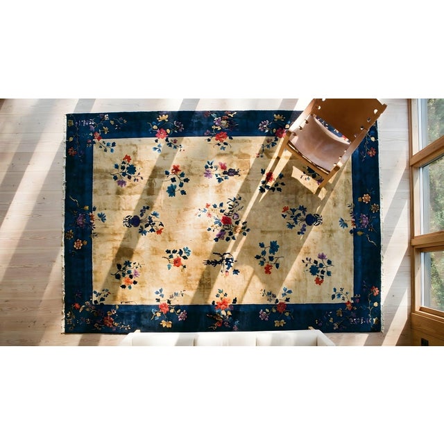 Traditional Floral Design in a Beige Background Color Antique Chinese Art Deco Rug For Sale In New York - Image 6 of 8