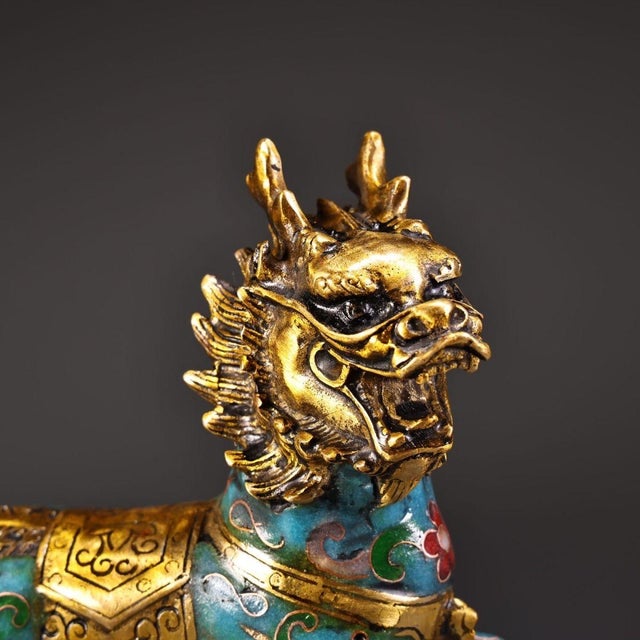 Mid 20th Century Pair of Gilt Cloisonne Enamel Qilin Figures – 5.1" Mythical Beast Statues For Sale - Image 10 of 10