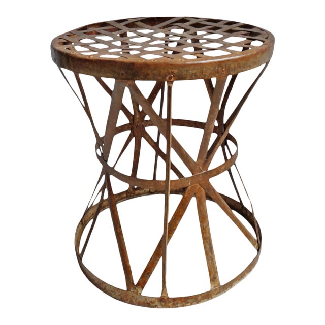 Vintage Industrial Iron Outdoor Strap Stool For Sale