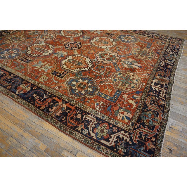 1880s Red Geometric Rustic Nw. Persian Heriz Rug 10'4" X 12'7" Handknotted Wool Carpet For Sale In New York - Image 6 of 7