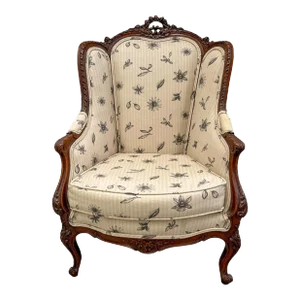French Louis XV Style Walnut Wingback Bergere Chair, Early 20th Century.