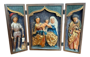 Late Gothic Polychromed Wooden Triptych Relief of Madonna and Child with Saints, 15th–16th Century