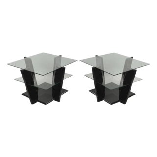 Late 20th Century Black Lacquer & Glass 3 Tier Space Age End Tables - A Pair For Sale