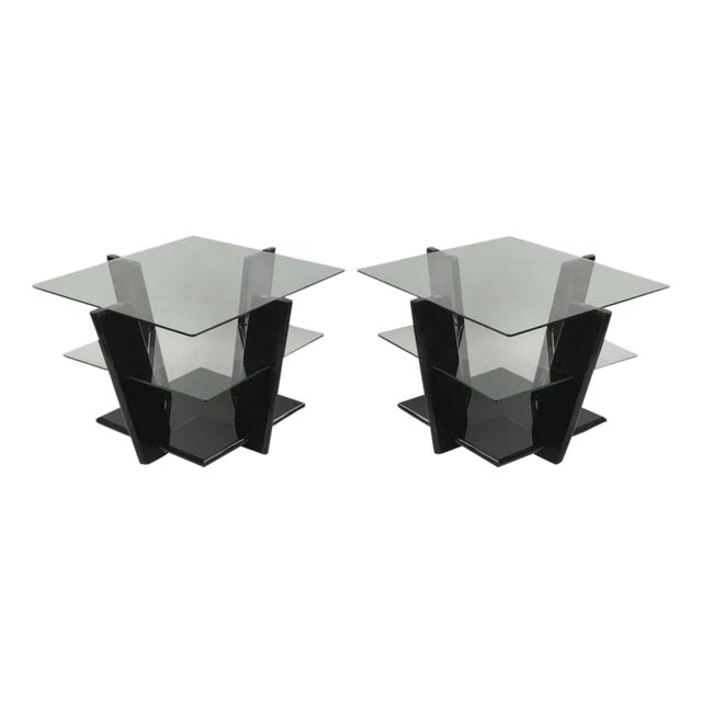 Late 20th Century Black Lacquer & Glass 3 Tier Space Age End Tables - A Pair For Sale
