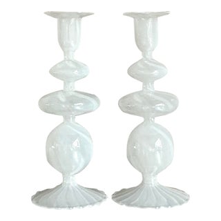 Vintage Boho Blown Glass Candlesticks After Murano For Sale