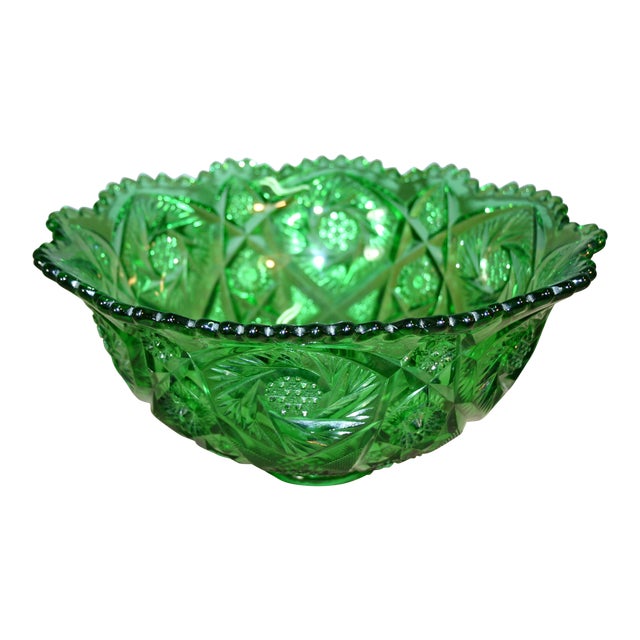 1890s Large Imperial Green Glass Punch Bowl For Sale