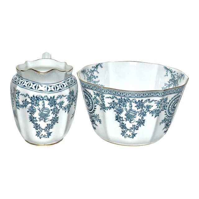 19th Century Royal Crown Derby Blue & White Cereal Bowl & Milk Jug, Pair For Sale