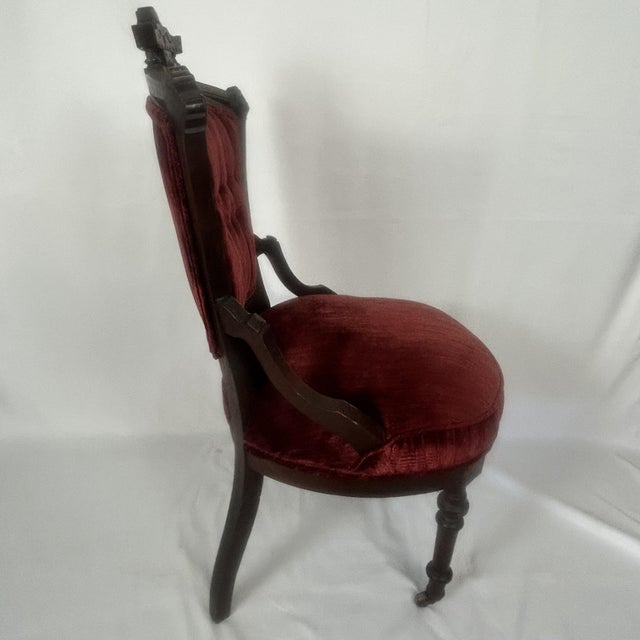 Antique Victorian-Style Parlor Chair Featuring Rich Red Velvet Tufted Upholstery For Sale - Image 9 of 13