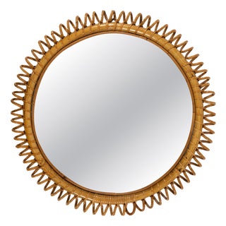 Mid-Century Round Rattan and Bamboo Wall Mirror in the style of Franco Albini, Italy, 1960s For Sale