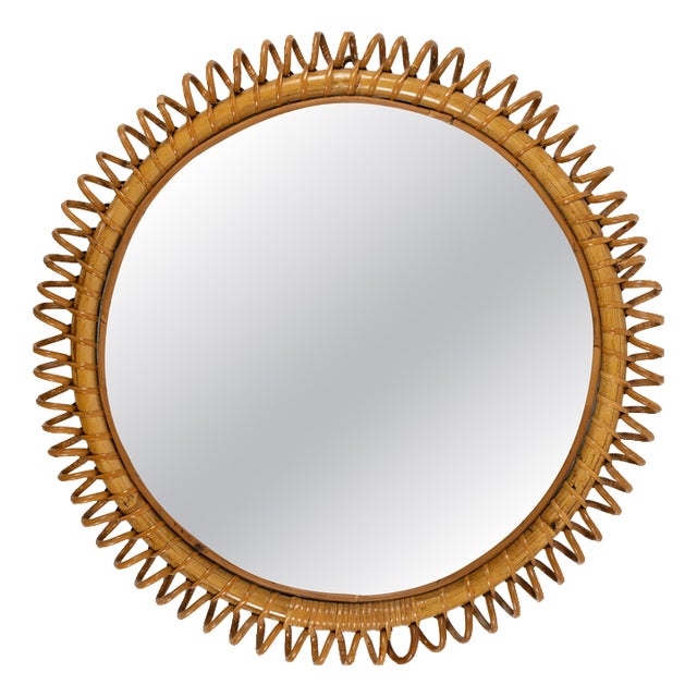 Mid-Century Round Rattan and Bamboo Wall Mirror in the style of Franco Albini, Italy, 1960s For Sale