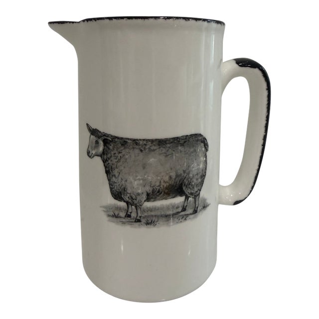 Vintage White Jug / Pitcher With a Sheep on Both Sides With Black Trim From England For Sale
