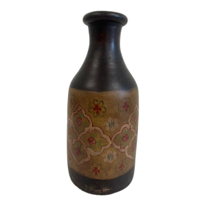 Vintage Hand-Painted Terra Cotta Vessel With Floral Motifs – Mid-20th Century