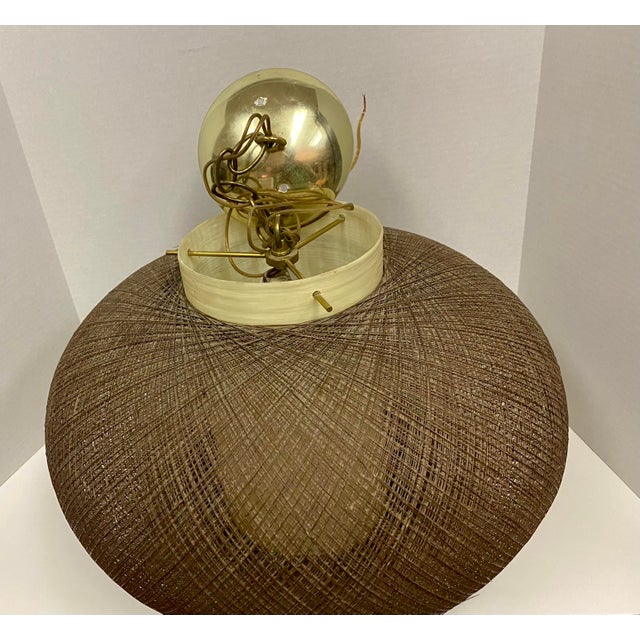 Metal 1950s Pair of Brown Spun Fiberglass and Acrylic Bulbous Hanging Lanterns For Sale - Image 7 of 12