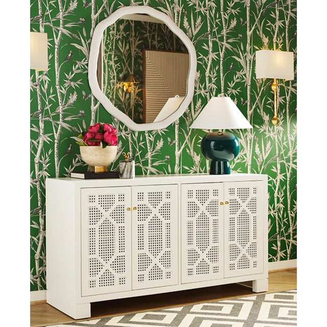 Worlds Away Matthew Izzo Home Claire Matte White Lacquer Four Door Buffet With Painted Cane Doors and Brass Knobs For Sale - Image 4 of 6