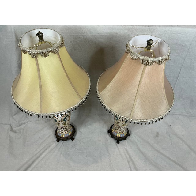 1970s Bombay Table Lamps Porcelain White Floral Oriental Accent Fringe Shades Set of 2 For Sale - Image 12 of 17
