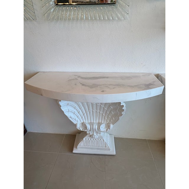 Wood Grosfeld House Seashell Shell Scalloped Pair Demi Lune Wall Console Table Marble For Sale - Image 7 of 18