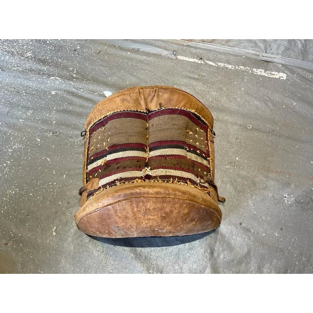 Brown Vintage Antique Leather Camel Saddle – Textile Detail Decor Piece For Sale - Image 8 of 10