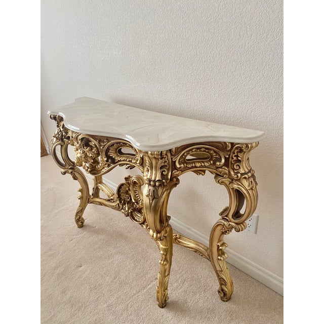French Louis XV Style Giltwood Rococo Carved Console Table Vintage For Sale - Image 9 of 15
