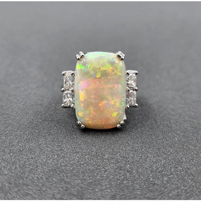 7.79 Ct Platinum Natural Australian Opal & Diamond Ring Size 7 For Sale - Image 4 of 8