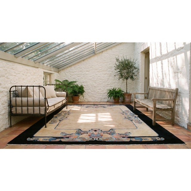 Tan 1920s Tan Camel Asymmetric Antique Chinese Art Deco Rug 8'10" X 11'6" Handknotted Wool Carpet For Sale - Image 8 of 8