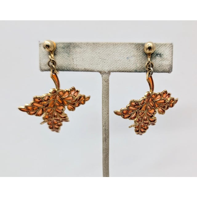 Metal Vintage Signed Napier Goldtone Orange Plique-A-Jour Leaf Dangle Clip Earrings-2 Pieces For Sale - Image 7 of 9